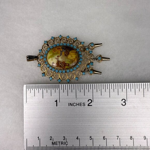 Vintage Gold Tone Victorian Style Pendant Turquoise Porcelain Scene Oval Dangles - Picture 3 of 4